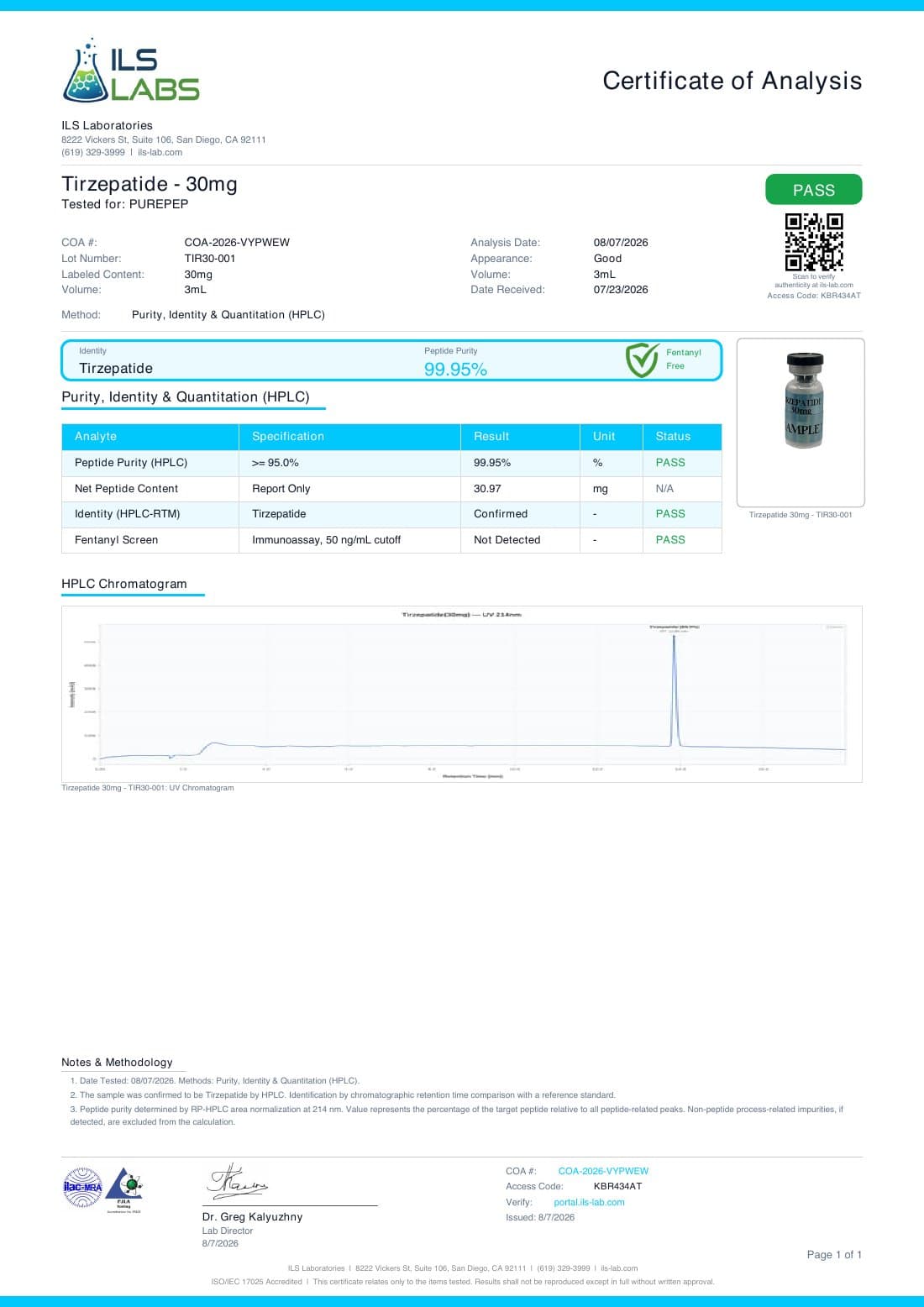 Certificate of analysis for lot TIR30-001, 30 mg